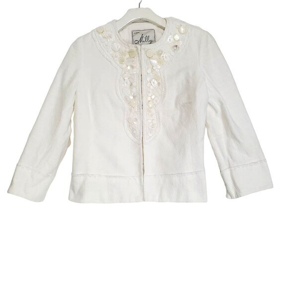 MILLY Women Jacket SZ 4 Ivory Stones Pearl Bead Hook Closure 100% Cotton Texture - Picture 1 of 10